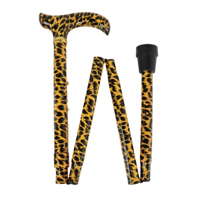 Adjustable Folding Leopard Pattern Derby Handle Walking Stick